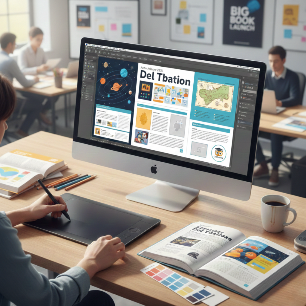 A graphic designer uses a stylus and Mac to layout a K-12 educational book in InDesign 2026 within a busy, modern office.